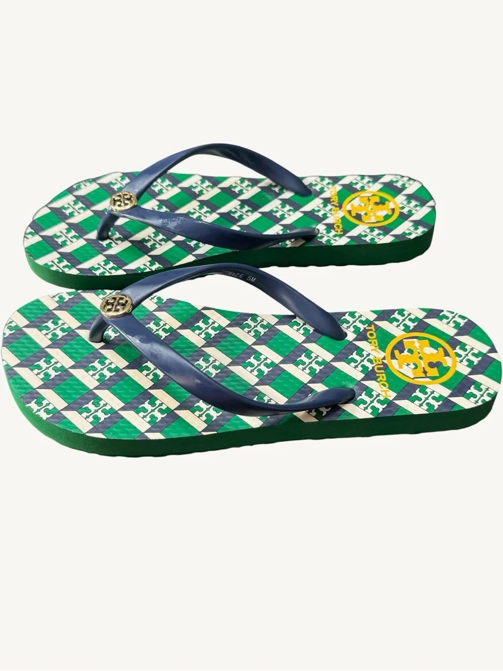 Tory Burch Green, Navy & White Check Logo Flip Flops Size 5 NWOT
